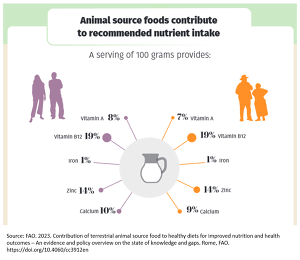 Source: FAO. 2023. Contribution of terrestrial animal source food to healthy diets for improved nutrition and health outcomes – An evidence and policy overview on the state of knowledge and gaps. Rome, FAO. https://doi.org/10.4060/cc3912en